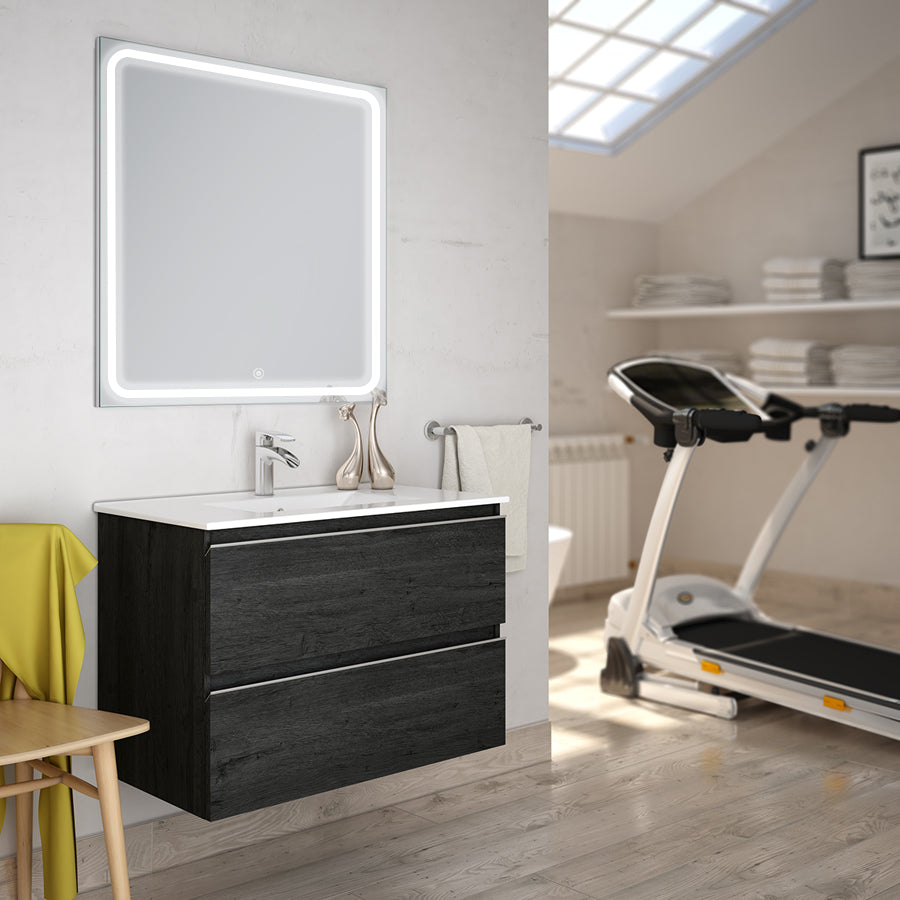 Meuble de salle de bain 60cm simple vasque - 2 tiroirs - BALEA et miroir Led VELDI
