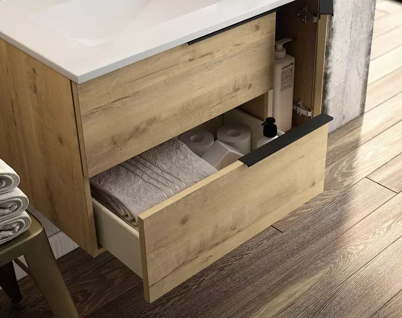 Meuble de salle de bain 80cm vasque centrée - 2 tiroirs et un placard et miroir Led SOLEN - KING