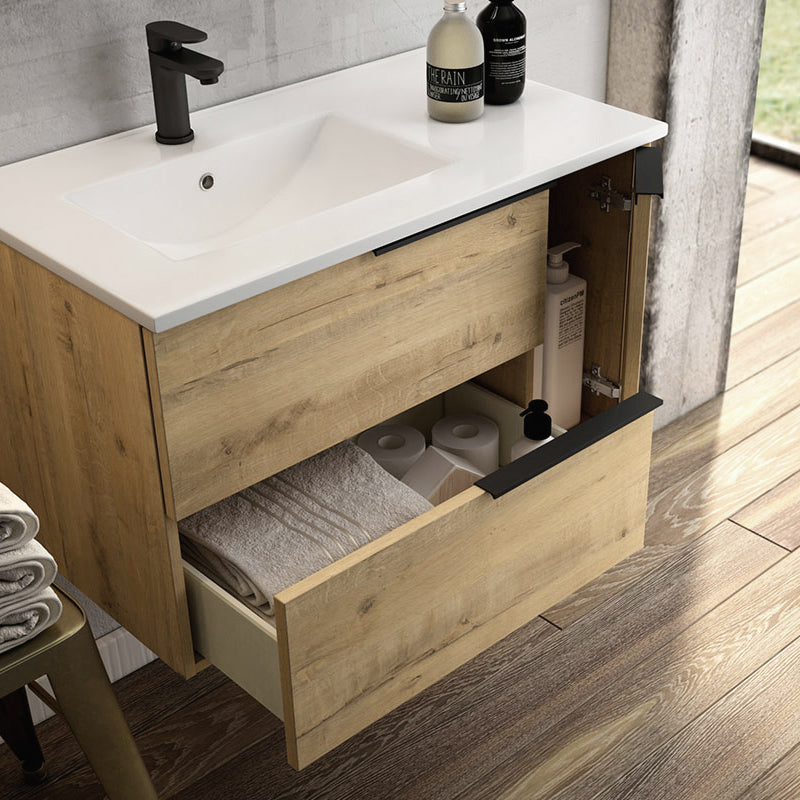 Meuble sous vasque seul, 2 tiroirs et 1 porte, 80cm, pour vasque déportée à gauche, roble (chêne clair) - KING