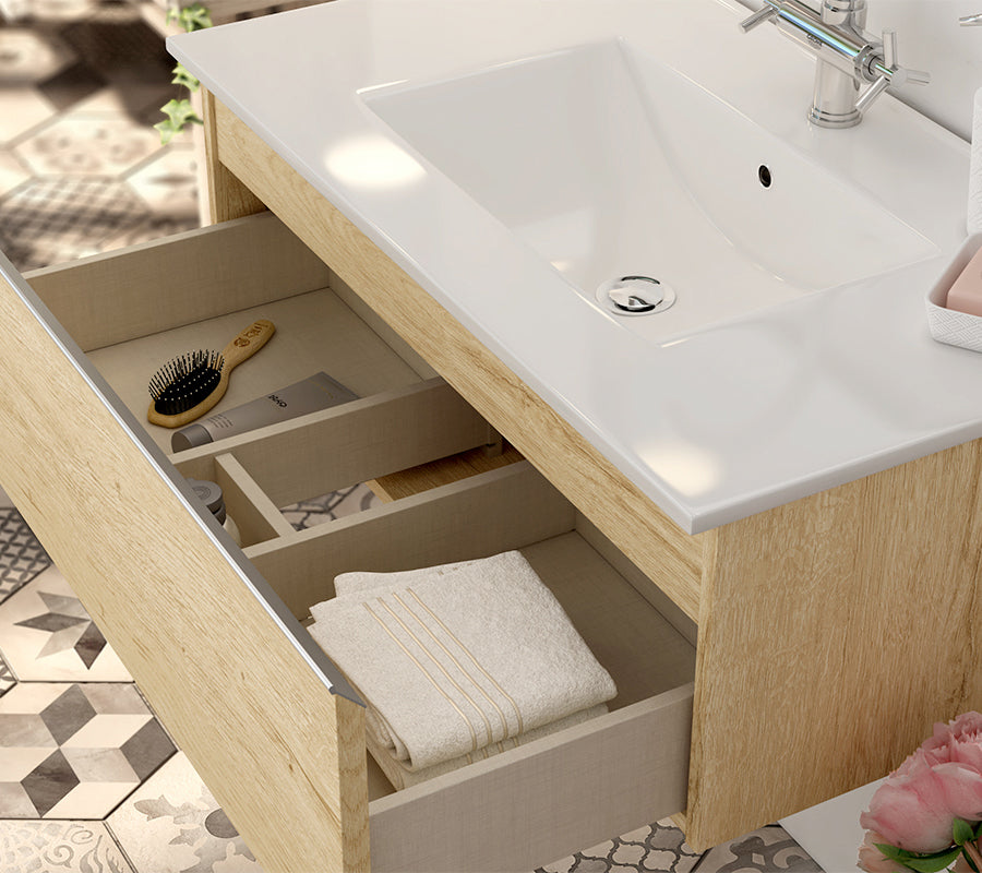 Meuble de salle de bain 120cm avec vasque à poser arrondie - 2 tiroirs et miroir avec applique - PENA