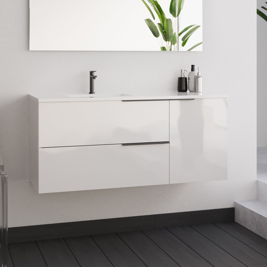 Meuble sous vasque seul, 2 tiroirs et 1 porte, 100cm, pour vasque déportée à gauche, blanc laqué - KING