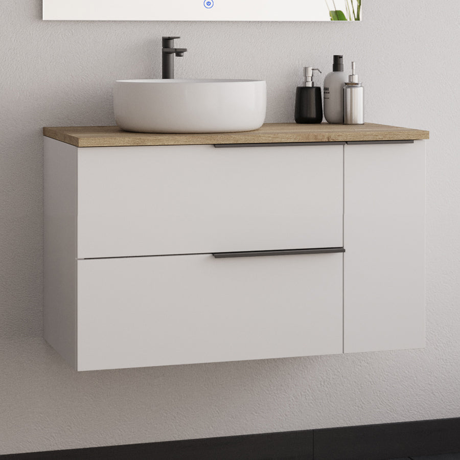 Meuble de salle de bain 80cm avec vasque à poser arrondie - 2 tiroirs et un placard et miroir led STAM - blanc laqué - KING