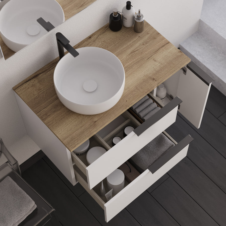 Meuble de salle de bain KING 80 cm blanc vasque ares vue de haut tiroir ouvert
