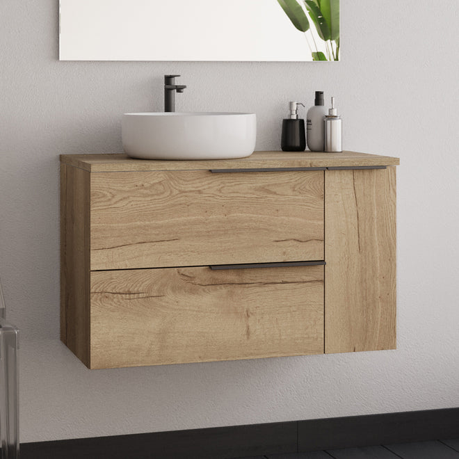 Meuble de salle de bain 80cm avec vasque à poser déportée ronde - sans miroir - 2 tiroirs et un placard - KING