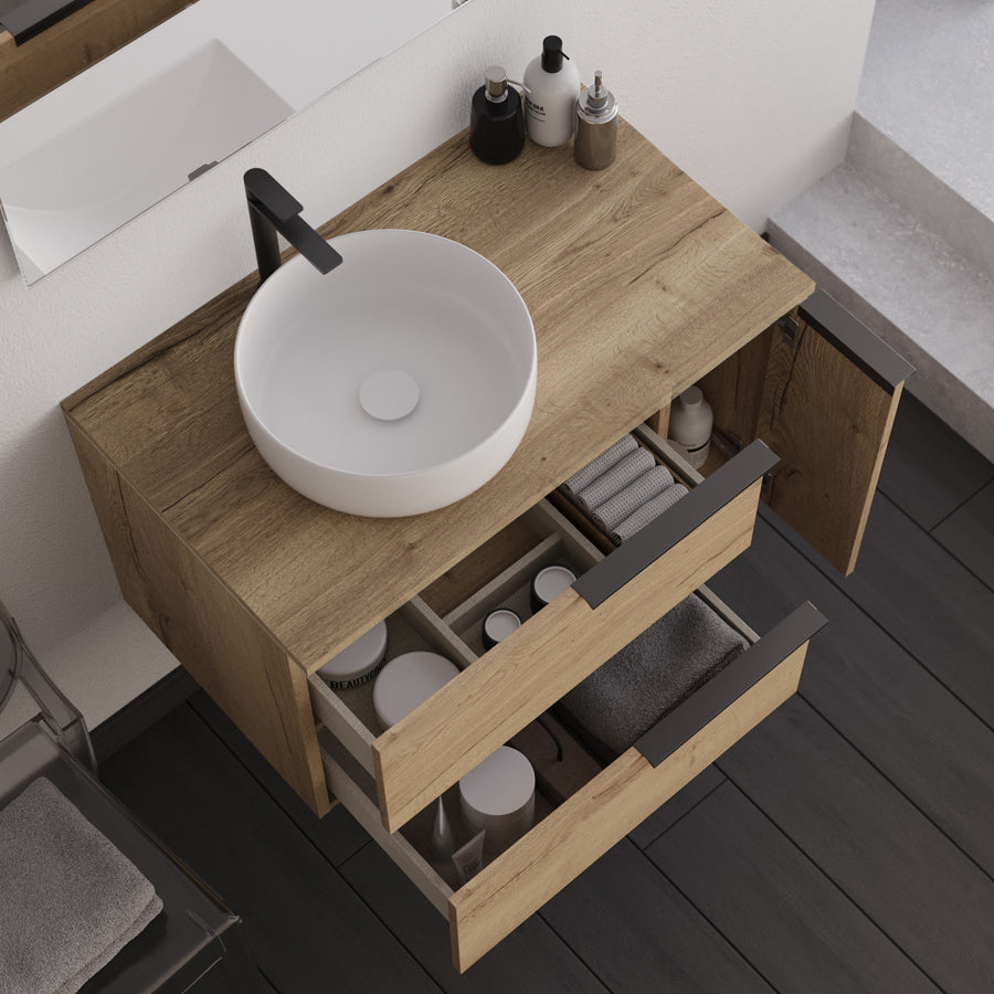 Meuble de salle de bain KING 80 cm deporté vasque ares vue de haut tiroir ouvert