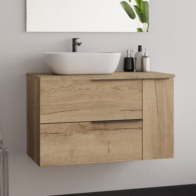 Meuble de salle de bain 80cm avec vasque à poser déportée arrondie - sans miroir - 2 tiroirs et un placard - KING