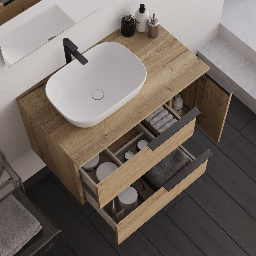 Meuble de salle de bain KING 80 cm déporté vasque zeus vue de haut tiroir ouvert