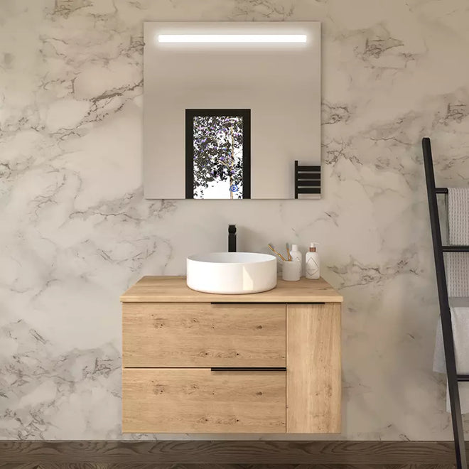 Meuble de salle de bain 80cm avec vasque à poser ronde - 2 tiroirs et un placard et miroir Led STAM - KING