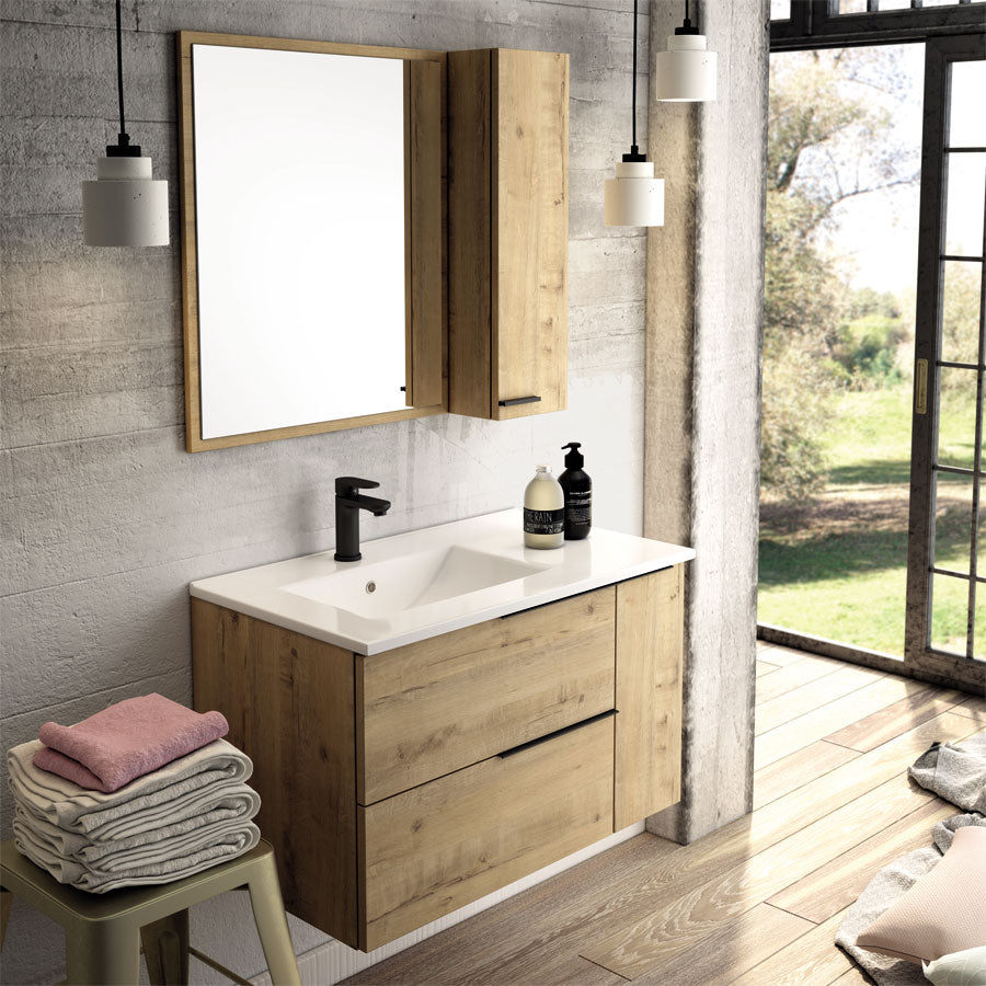 Meuble de salle de bain KING 80 cm vasque à gauche avec miroir + armoirette chêne