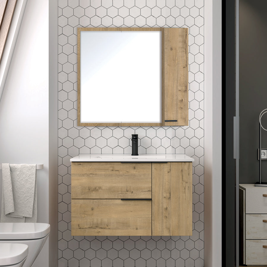 Meuble de salle de bain 80cm vasque centrée - 2 tiroirs et un placard et miroir avec armoirette - KING