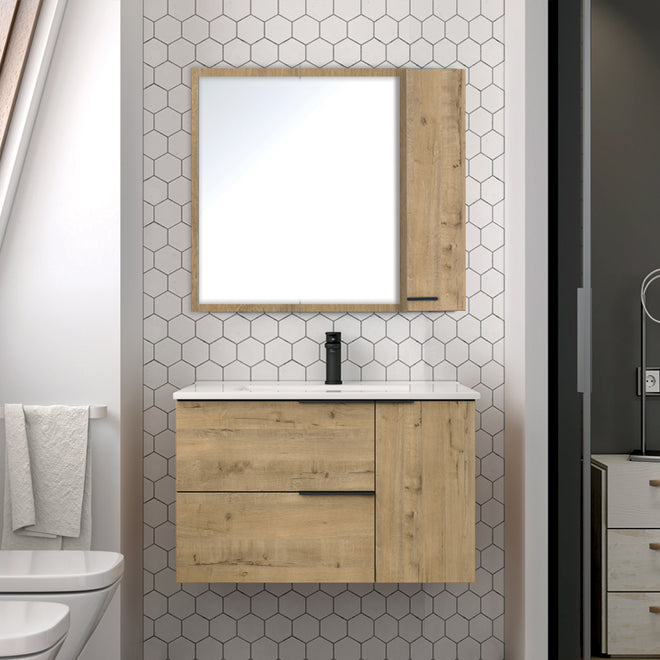 Meuble de salle de bain 80cm vasque centrée - 2 tiroirs et un placard et miroir avec armoirette - KING