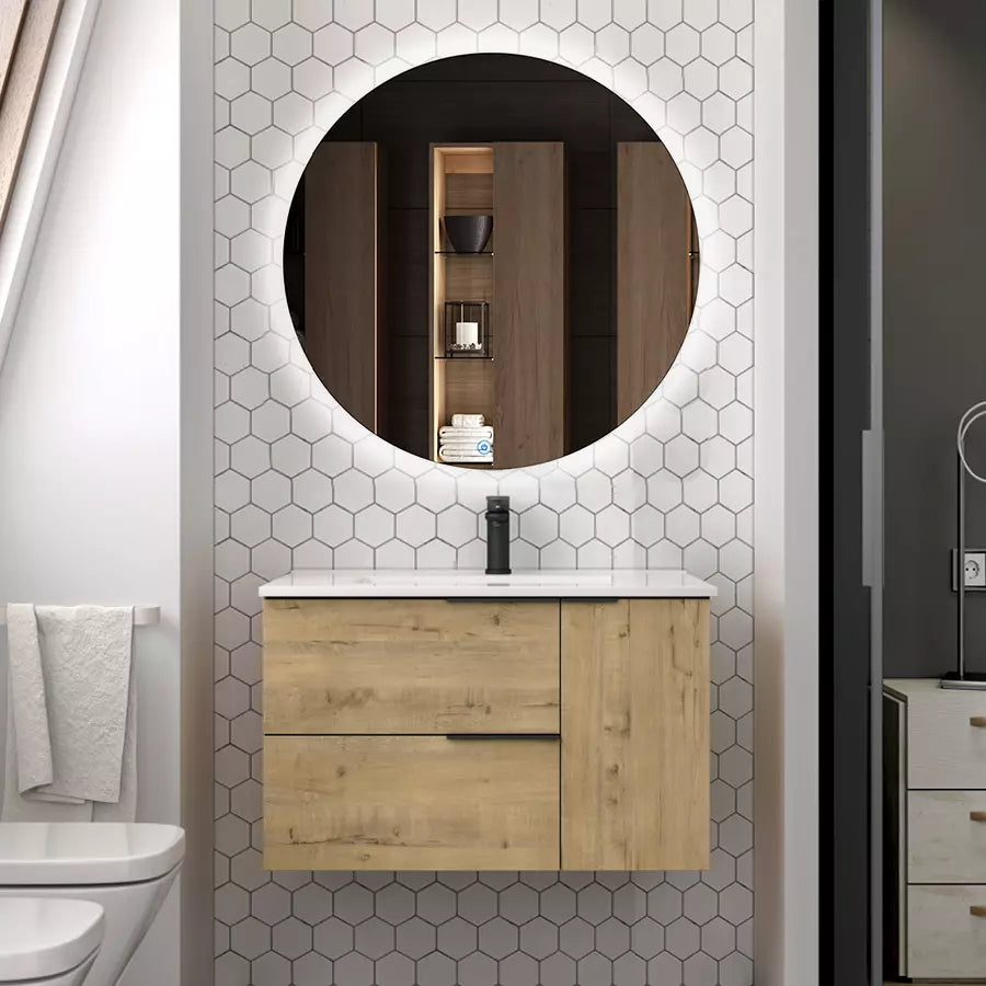 Meuble de salle de bain 80cm vasque centrée - 2 tiroirs et un placard et miroir Led SOLEN - KING