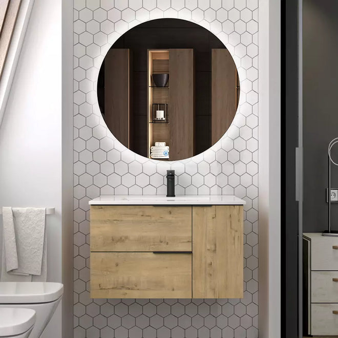 Meuble de salle de bain 80cm vasque centrée - 2 tiroirs et un placard et miroir Led SOLEN - KING
