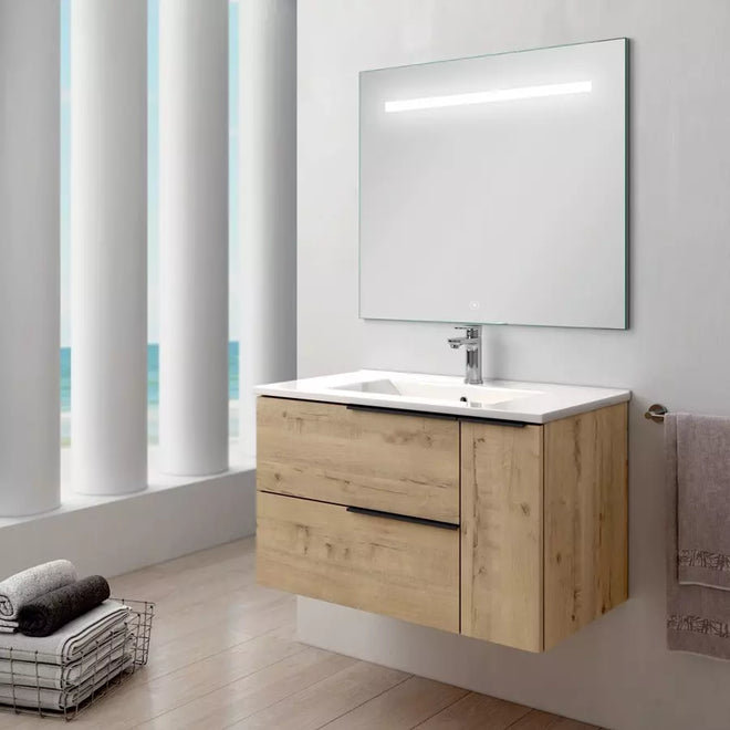 Meuble de salle de bain 80cm vasque centrée - 2 tiroirs et un placard et miroir Led STAM - KING