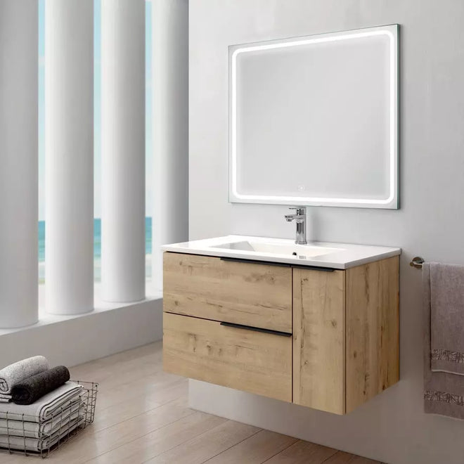 Meuble de salle de bain 80cm vasque centrée - 2 tiroirs et un placard et miroir Led VELDI - KING