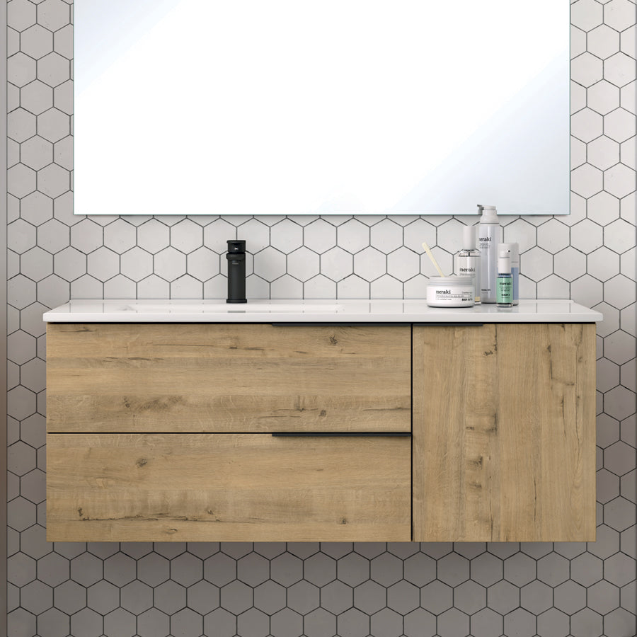 Meuble sous vasque seul, 2 tiroirs et 1 porte, 100cm, pour vasque déportée à gauche, roble (chêne clair) - KING