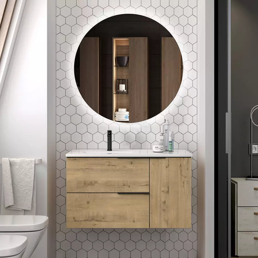 Meuble de salle de bain 80cm vasque déportée - 2 tiroirs - KING et miroir Led SOLEN