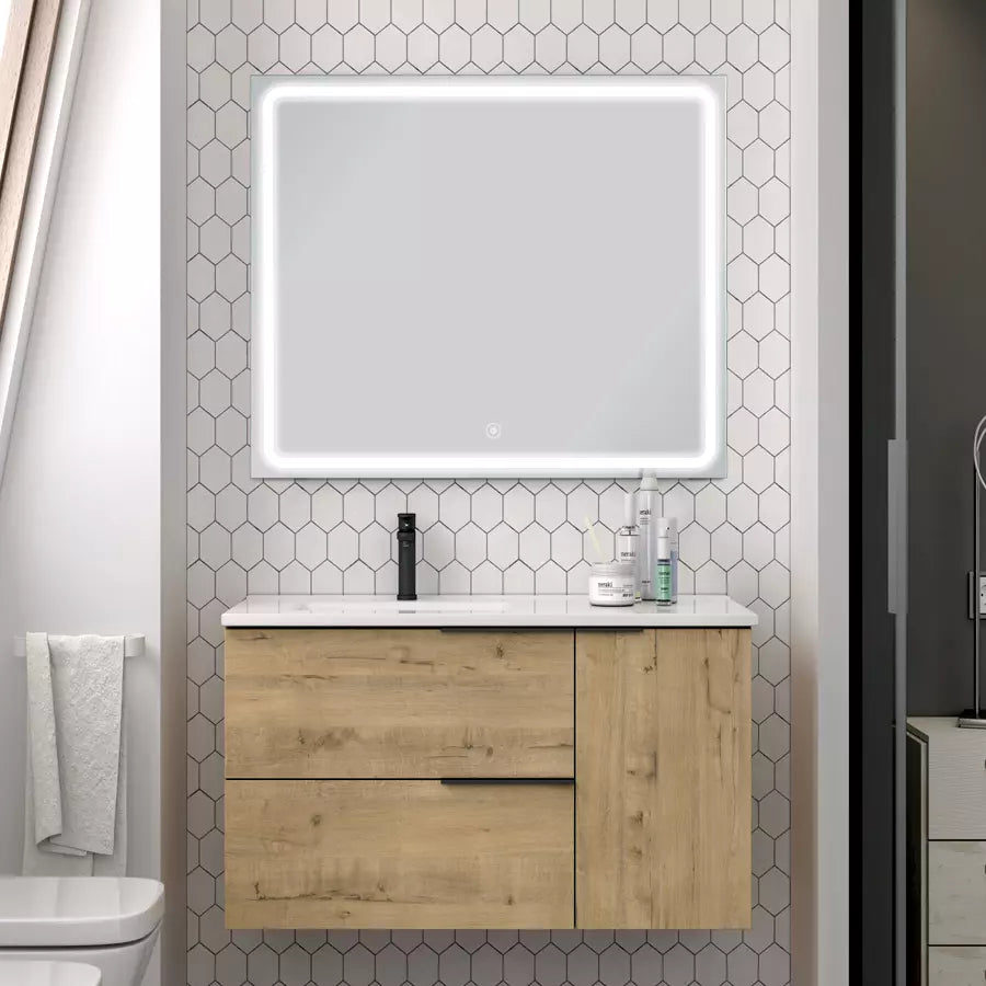 Meuble de salle de bain 80cm vasque déportée - 2 tiroirs et un placard et miroir Led VELDI - KING