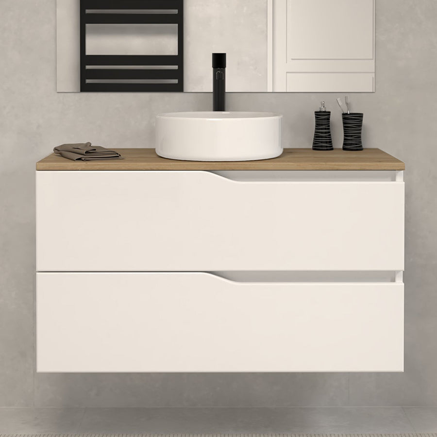 Meuble salle de bain LUNA 100 cm plateau miel avec vasque à poser ronde