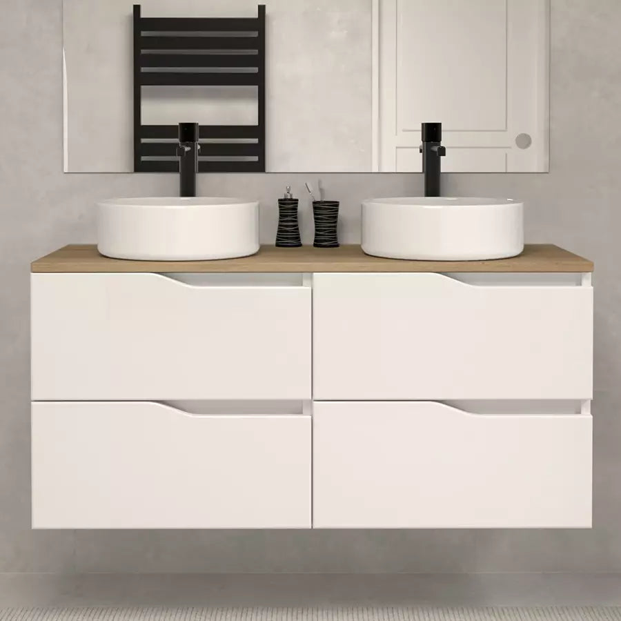 Meuble de salle de bain 120 avec plateau et 2 vasques à poser - sans miroir - 4 tiroirs - LUNA