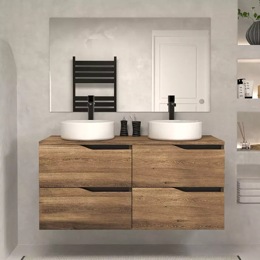 Meuble de salle de bain 120 avec plateau et 2 vasques à poser - 4 tiroirs - LUNA