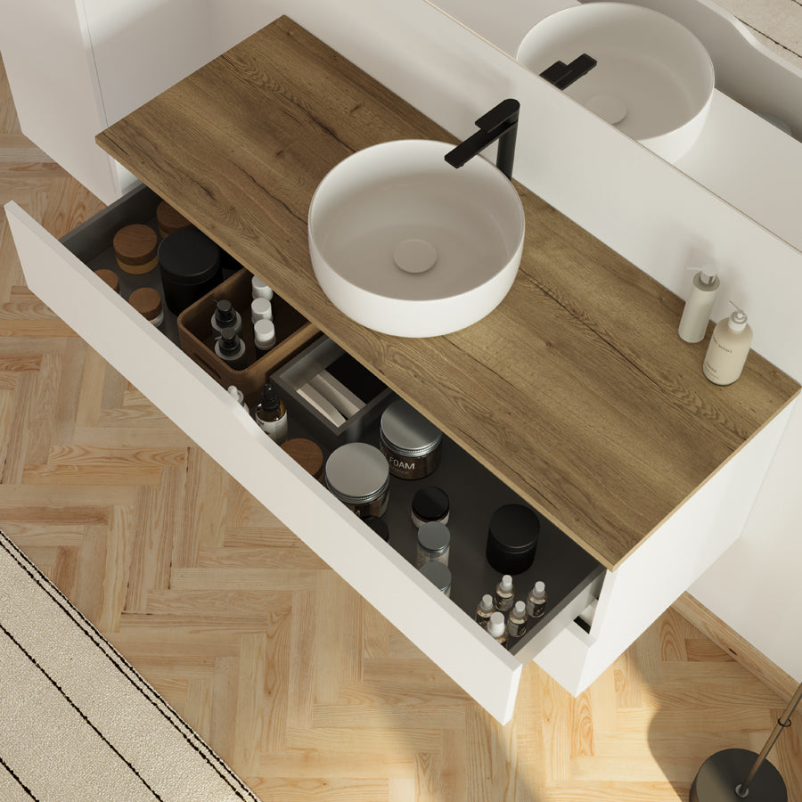 Meuble de salle de bain 120 avec plateau et vasque à poser - 2 tiroirs - LUNA
