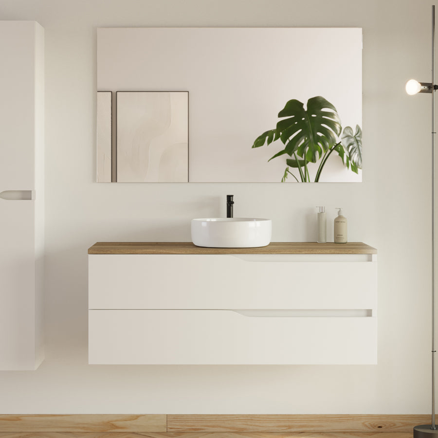 Meuble de salle de bain 120 avec plateau et vasque à poser - 2 tiroirs - LUNA