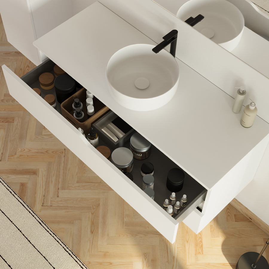 Meuble de salle de bain 120 avec plateau et vasque à poser - 2 tiroirs - LUNA