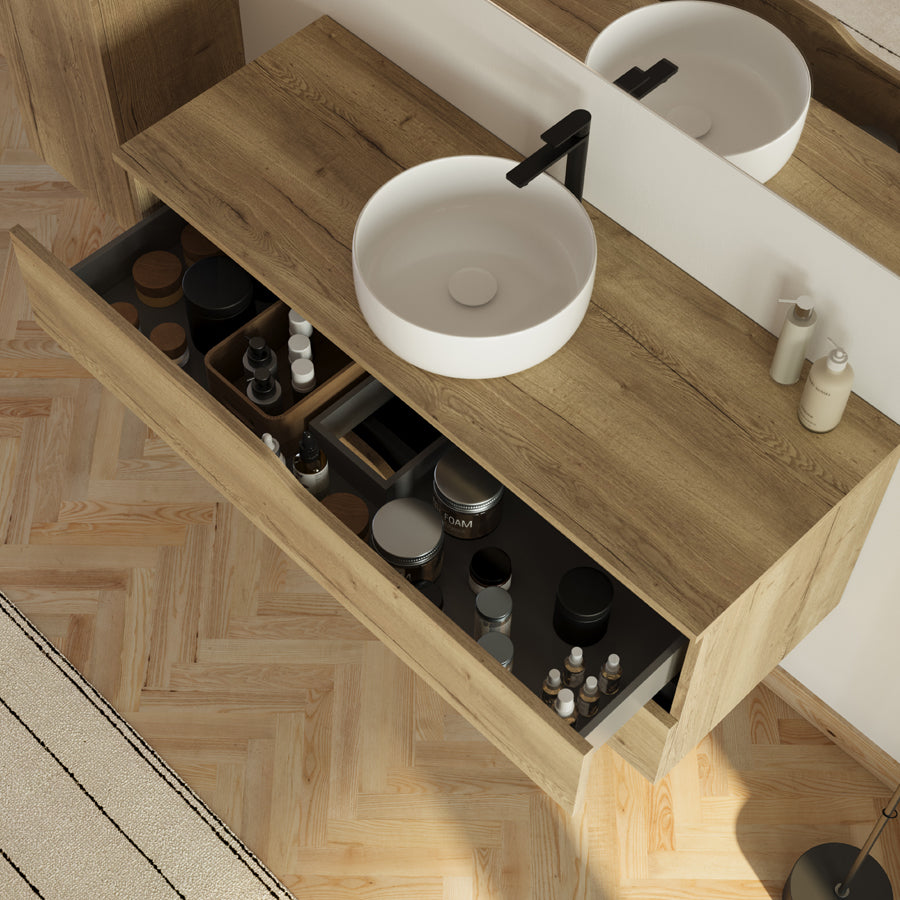 Meuble de salle de bain 120 avec plateau et vasque à poser - 2 tiroirs - LUNA