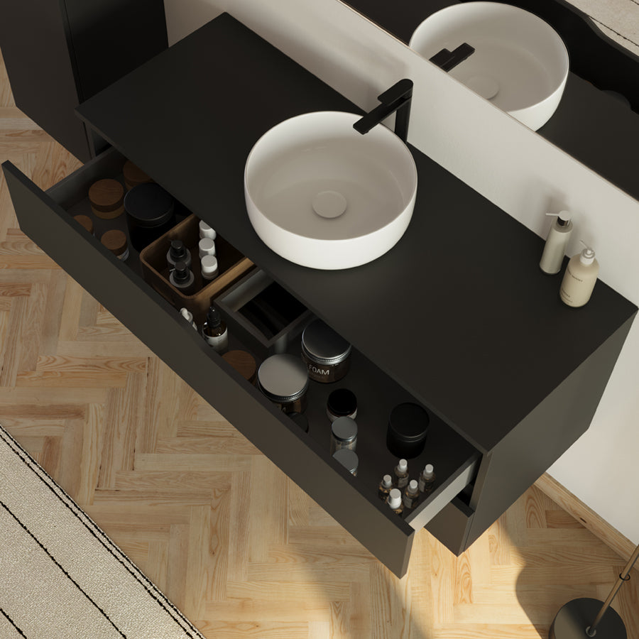 Meuble de salle de bain 120 avec plateau et vasque à poser - 2 tiroirs - LUNA