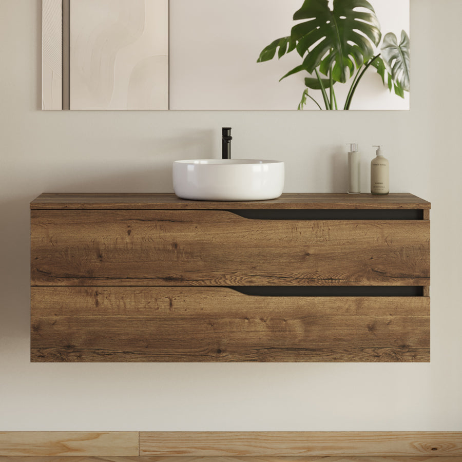 Meuble de salle de bain 120 avec plateau et vasque à poser - 2 tiroirs - LUNA