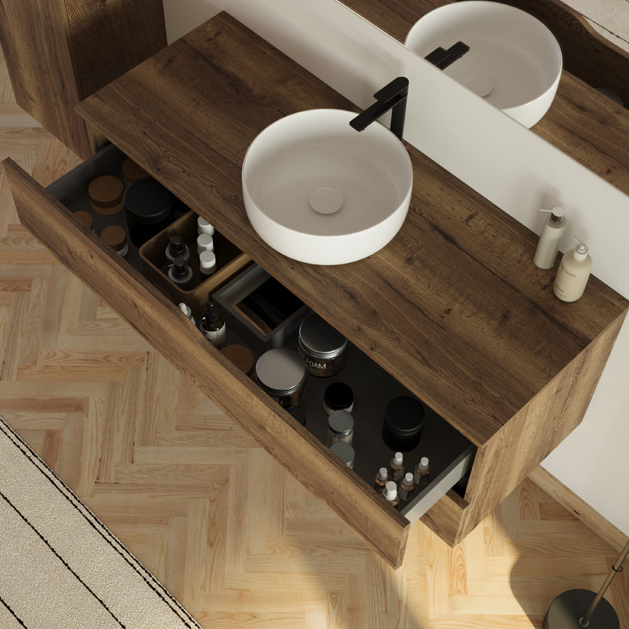 Meuble de salle de bain 120 avec plateau et vasque à poser - 2 tiroirs - LUNA