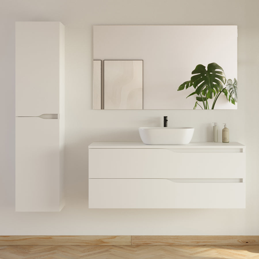 Meuble de salle de bain 2 tiroirs avec plateau et vasque à poser ovale LUNA + colonne - 120cm