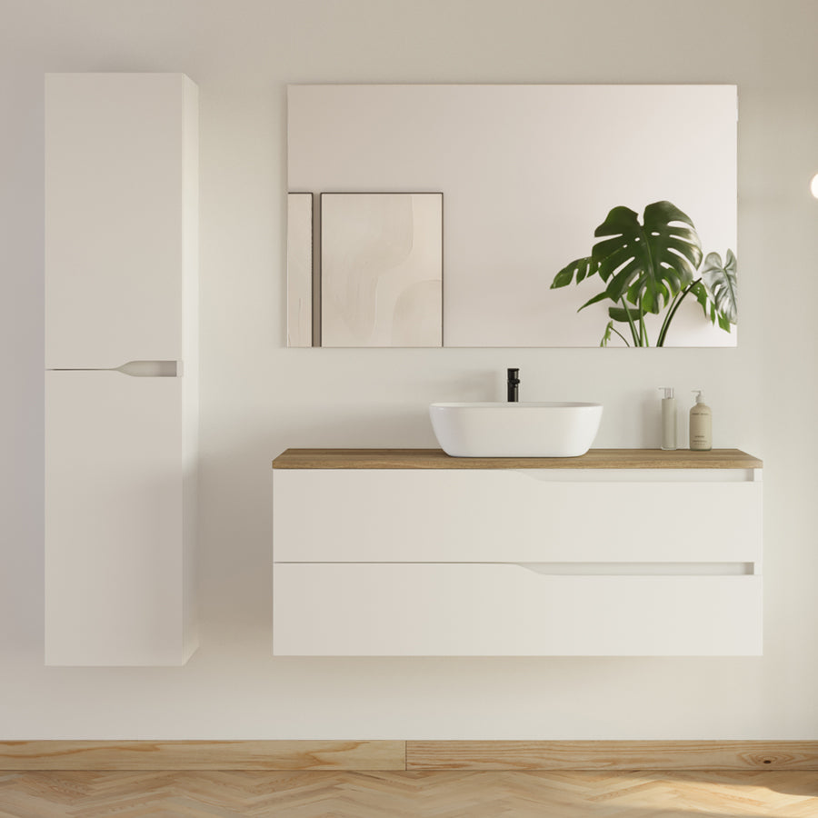 Meuble de salle de bain 2 tiroirs avec plateau et vasque à poser ovale LUNA + colonne - 120cm