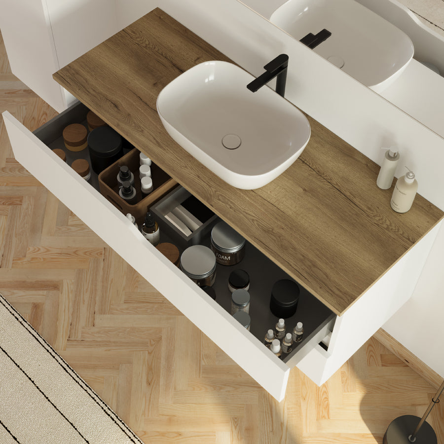Meuble de salle de bain 120cm avec plateau et vasque à poser Zeus - 2 tiroirs - LUNA