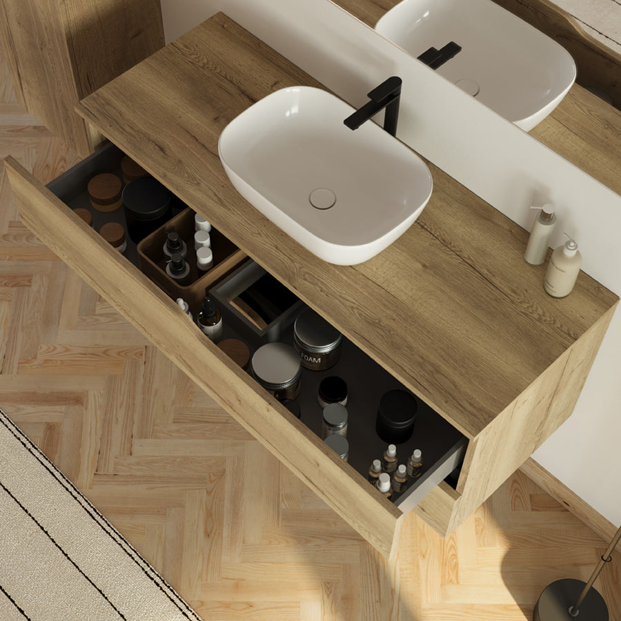 Meuble de salle de bain 120cm avec plateau et vasque à poser Zeus - 2 tiroirs - LUNA