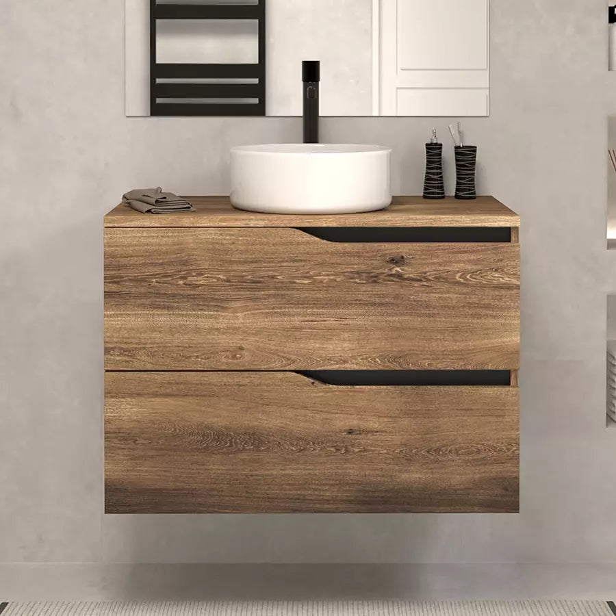 Meuble de salle de bain 60 avec plateau et vasque à poser - 2 tiroirs - LUNA