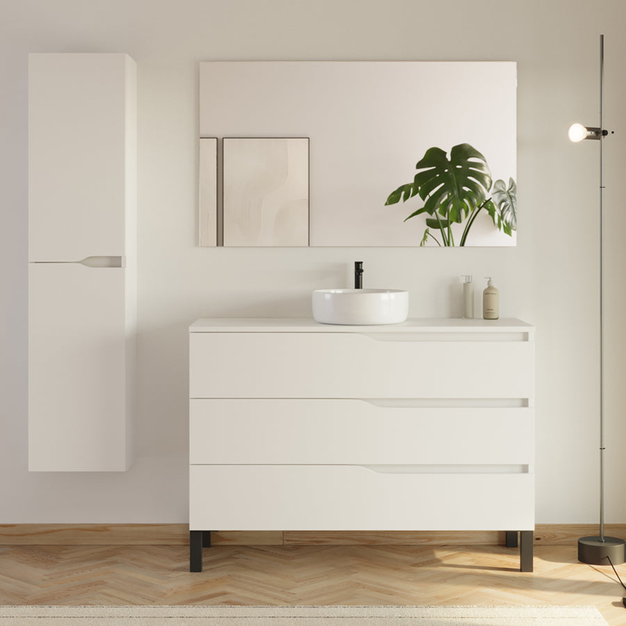Meuble de salle de bain 3 tiroirs MATA avec plateau et vasque ronde + colonne - 120cm