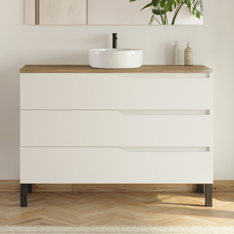 Meuble de salle de bain 120 avec plateau et vasque à poser - 3 tiroirs - MATA