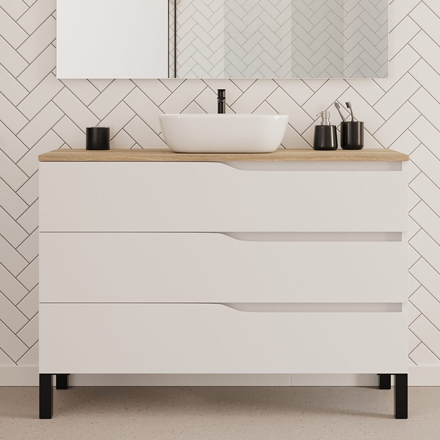 Meuble de salle de bain MATA 120 cm bol zeus blanc plateau miel sans miroir