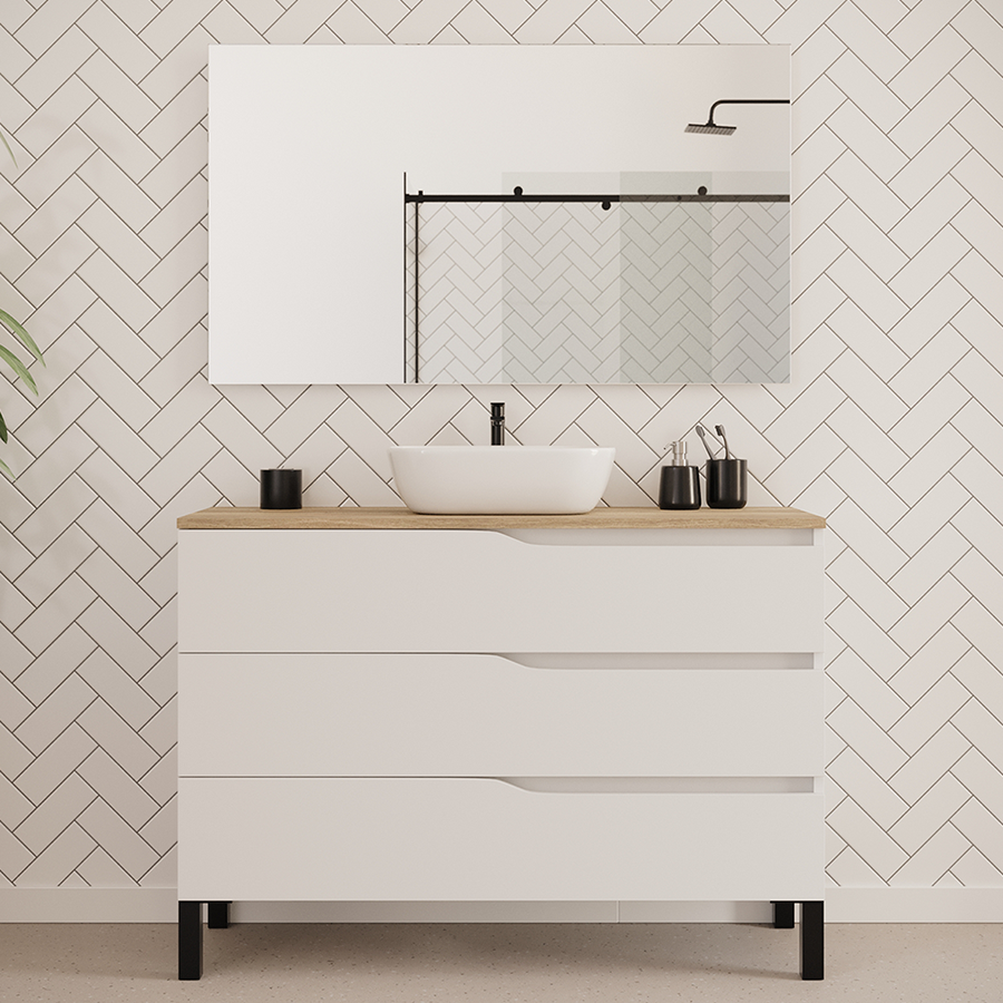 Meuble de salle de bain MATA 120 cm bol zeus blanc plateau miel