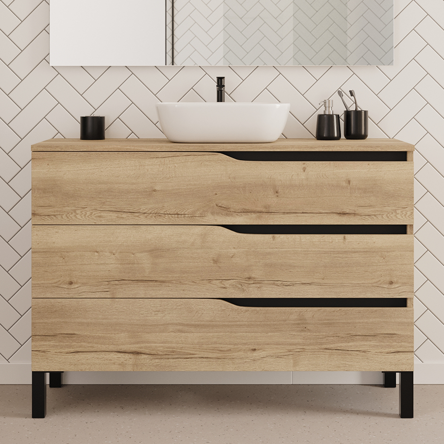 Meuble de salle de bain MATA 3 tiroirs 120 cm vasque ovale miel