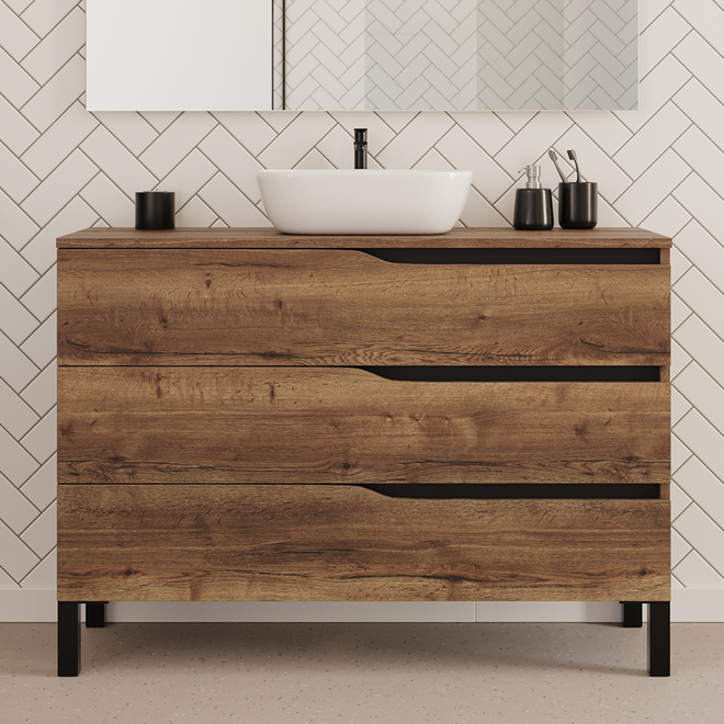 Meuble de salle de bain 120cm avec plateau et vasque à poser zeus - 3 tiroirs - sans miroir - MATA