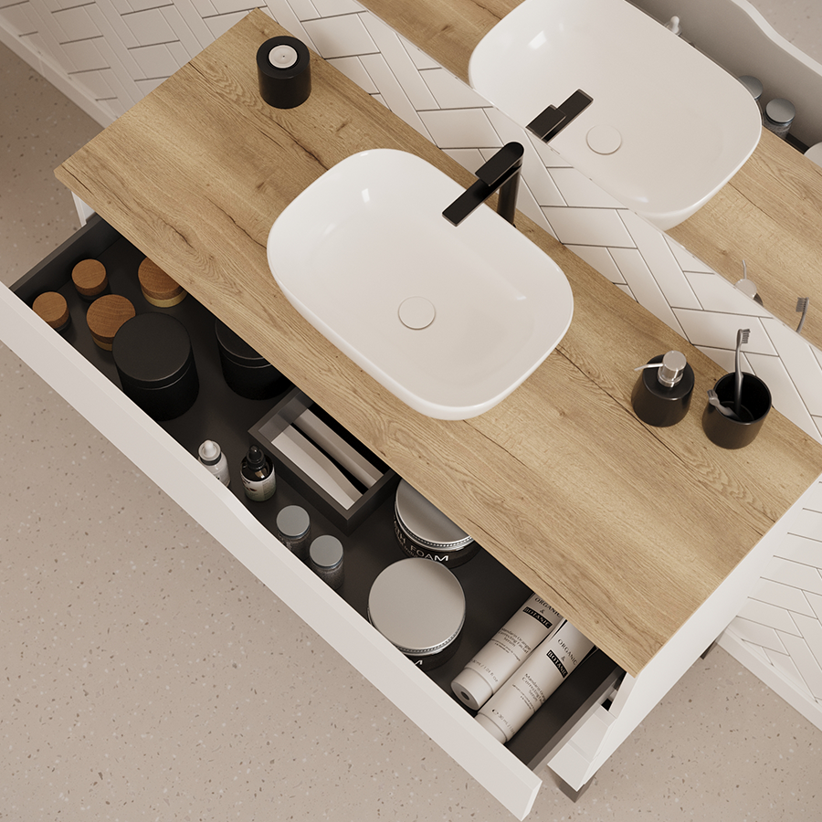 Meuble de salle de bain 3 tiroirs MATA avec plateau et vasque ovale + colonne - 120cm