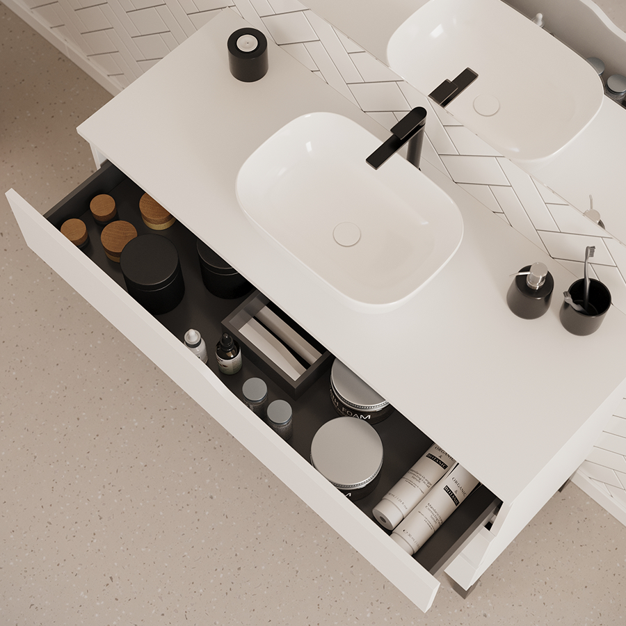 Meuble de salle de bain 3 tiroirs MATA avec plateau et vasque ovale + colonne - 120cm