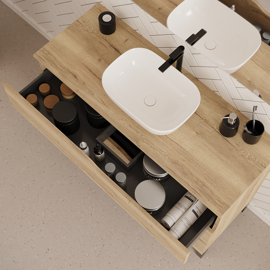Meuble de salle de bain 3 tiroirs MATA avec plateau et vasque ovale + colonne - 120cm