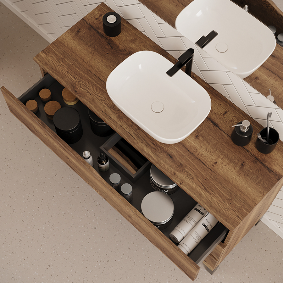 Meuble de salle de bain 3 tiroirs MATA avec plateau et vasque ovale + colonne - 120cm