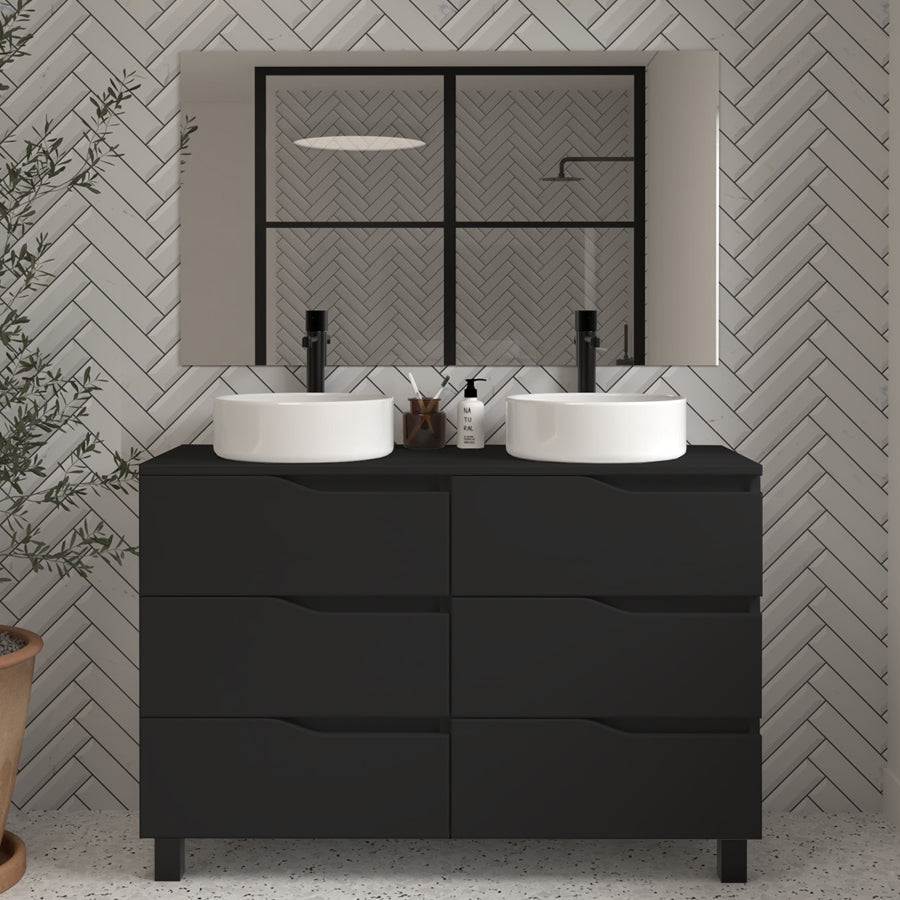Meuble de salle de bain 120 avec plateau et 2 vasques à poser - 6 tiroirs - MATA