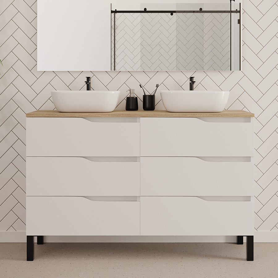 Meuble de salle de bain 140cm avec plateau et 2 vasques à poser zeus - 6 tiroirs - MATA