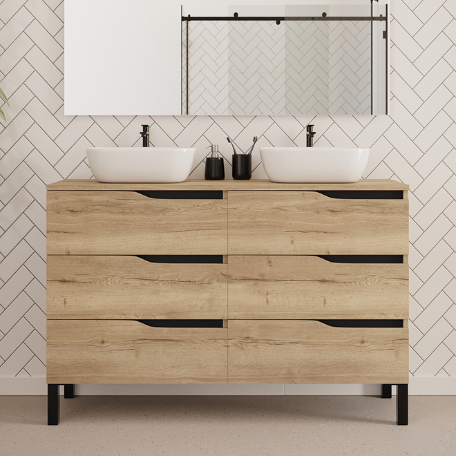 Meuble de salle de bain 140cm avec plateau et 2 vasques à poser zeus - sans miroir - 6 tiroirs - MATA